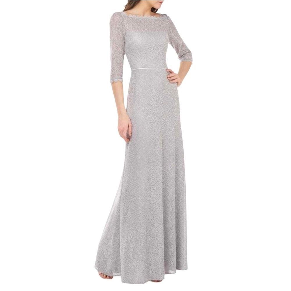 JS COLLECTIONS NWT Metallic Silver Small Swirl Maxi Dress 3/4 Sleeves Gown 4
